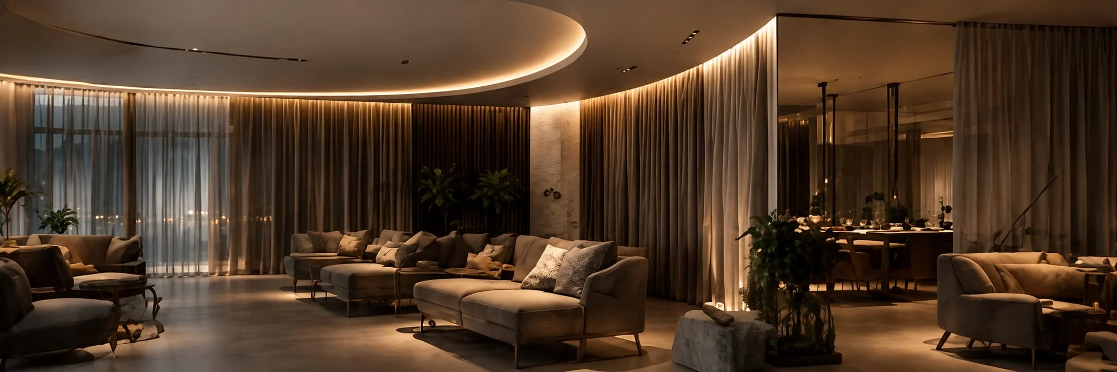 Warm cove lighting following a curved ceiling above a living room