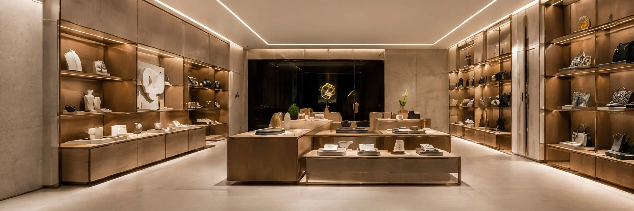 Linear ceiling and shelf lighting defining a retail interior
