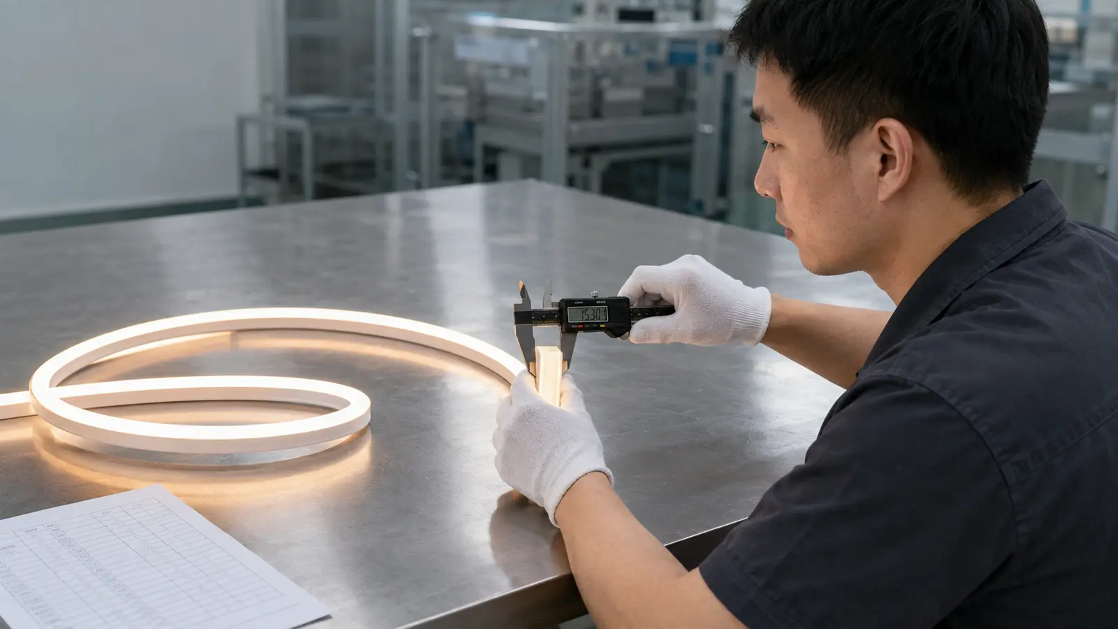 A technician measuring illuminated flexible lighting with a digital caliper.