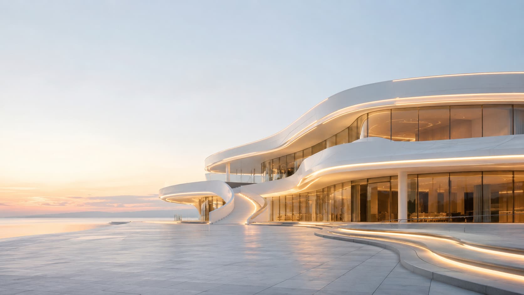 Warm lines of light following the curves of waterside architecture
