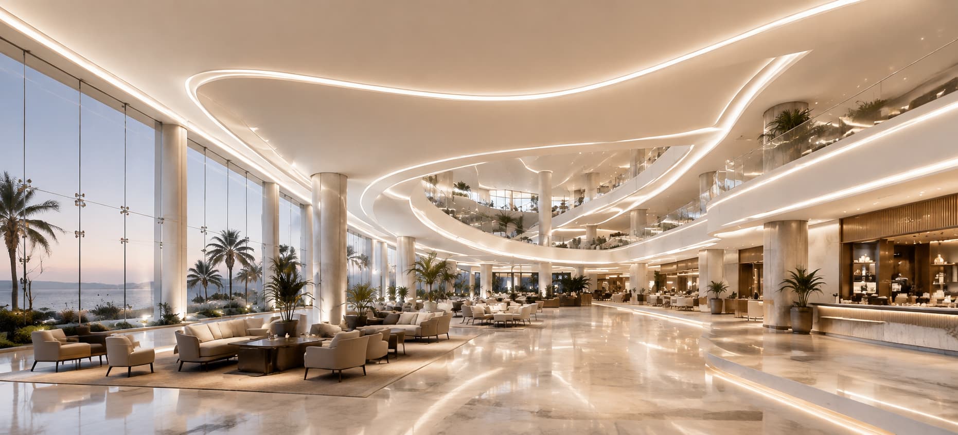 Soft architectural lighting across an open interior lounge