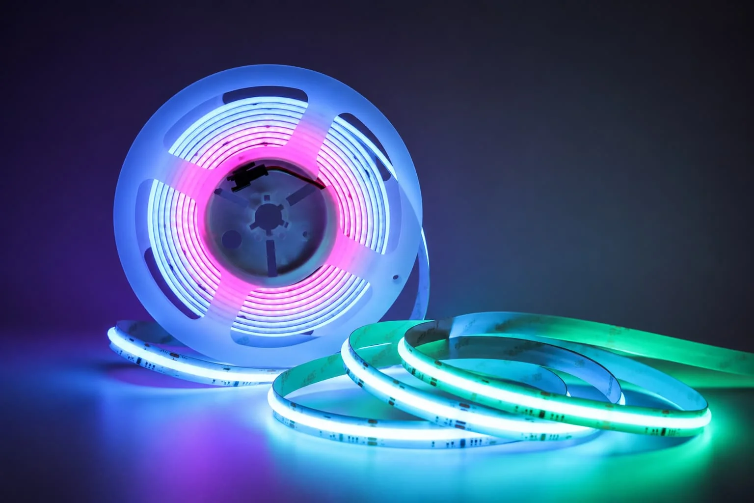 Illuminated LED strip lighting with a reel and loose lengths